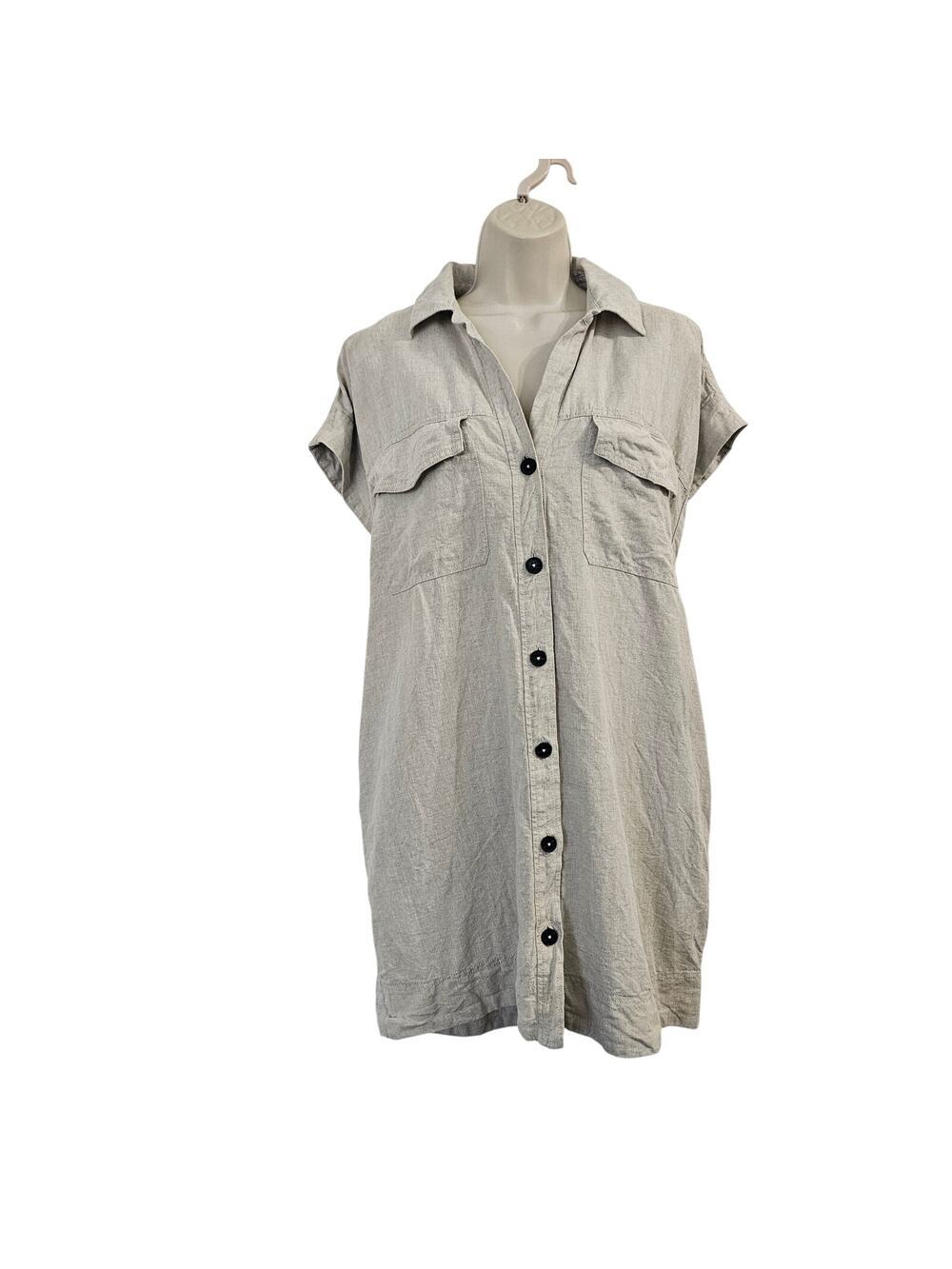 Utility Short-Sleeve Mini Shirtdress in 100% Linen in Oat Size L